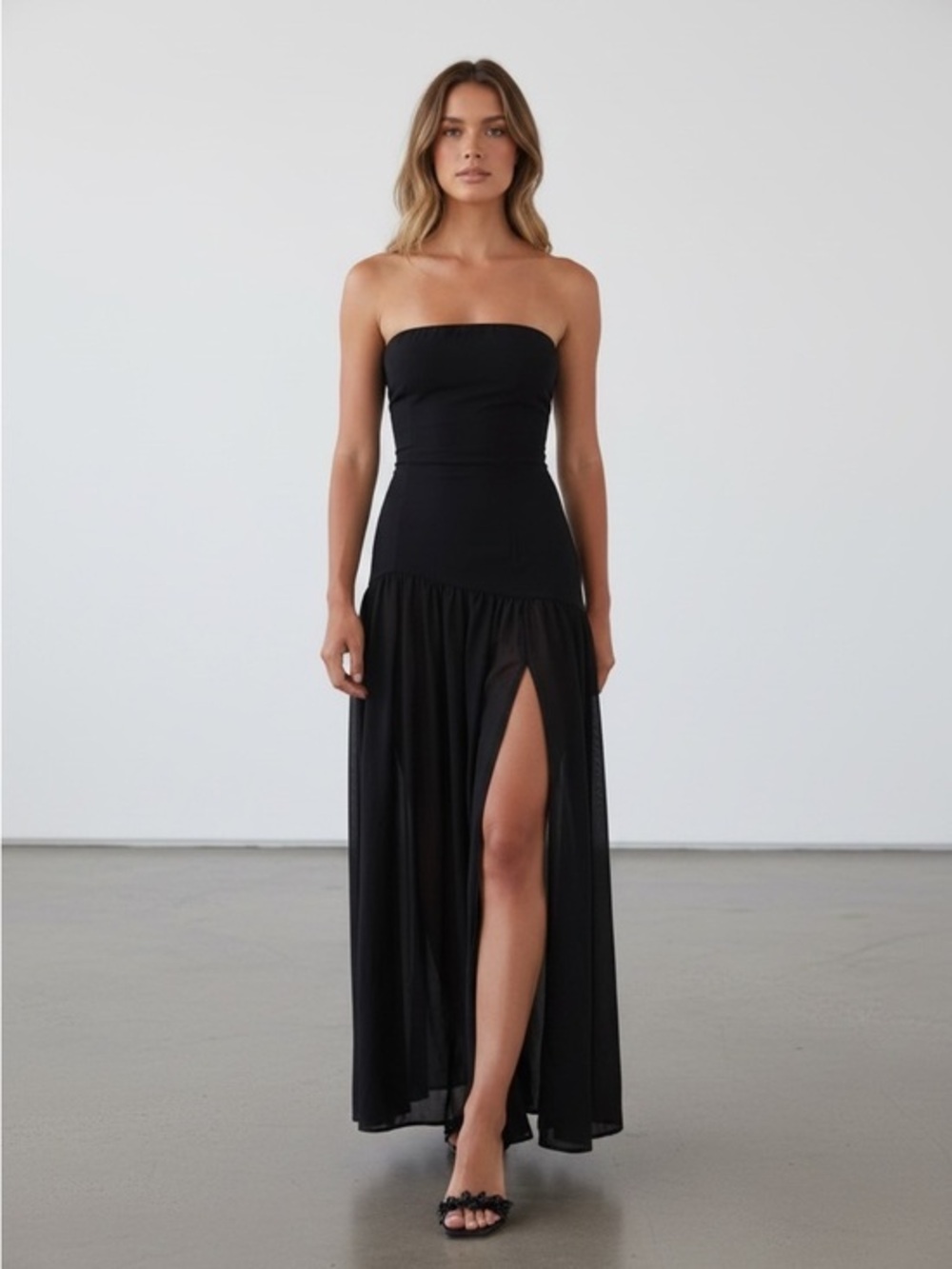 Strapless Black Maxi Dress with Thigh Slit